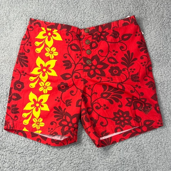 Roxy Boardshorts Embroidered Logo 100% Cotton Floral Red Women's Size 1 VTG NWT - Picture 1 of 14